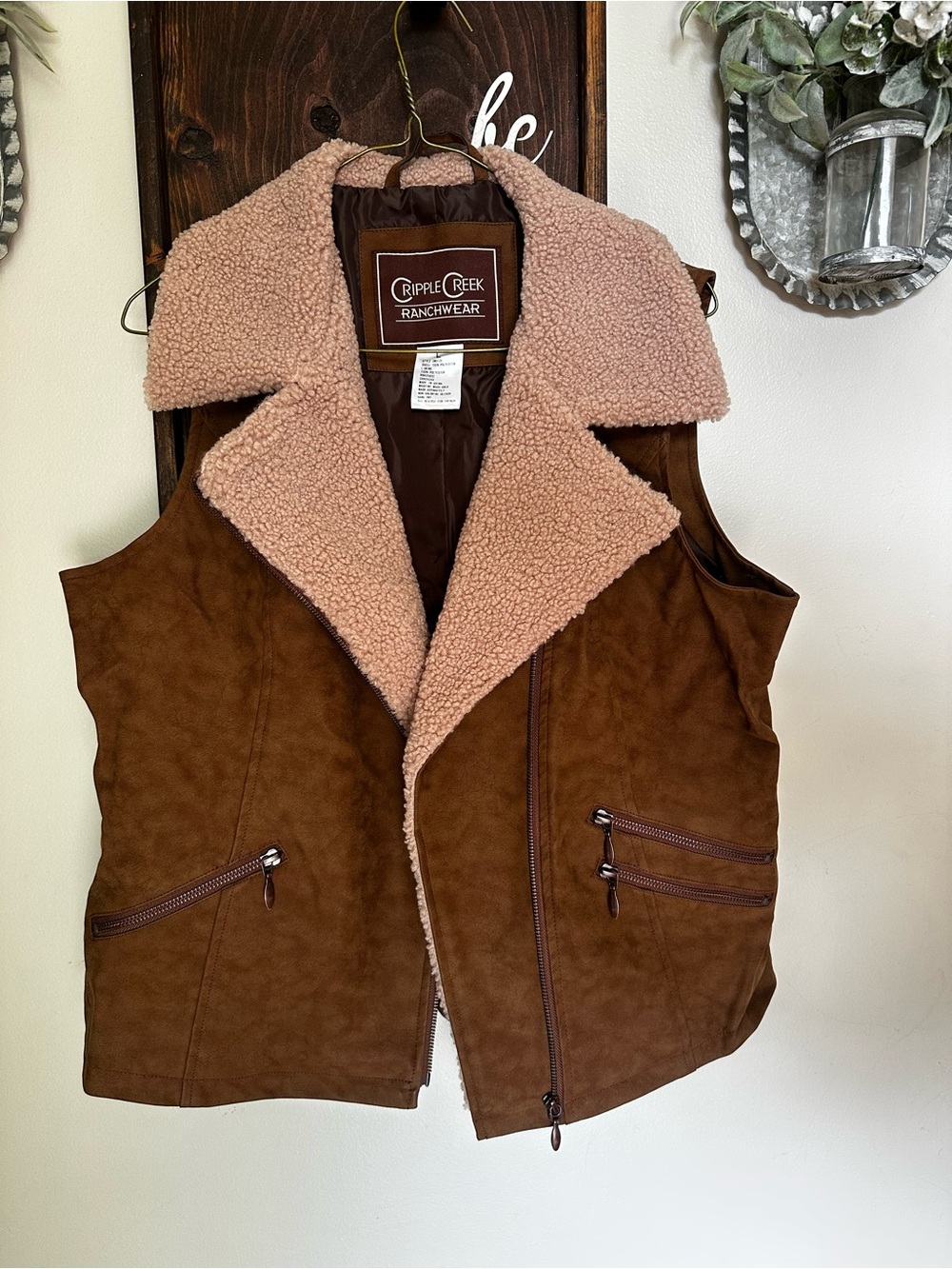 Cripple Creek Brown Sherpa-Lined Vest with a suede like material outer shell - L